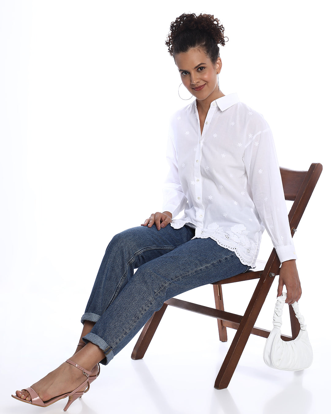 Bree White Schiffli Floral Border Drop Shoulder Shirt for Women - Paris Fit from GAZILLION - Stylised Seated Look