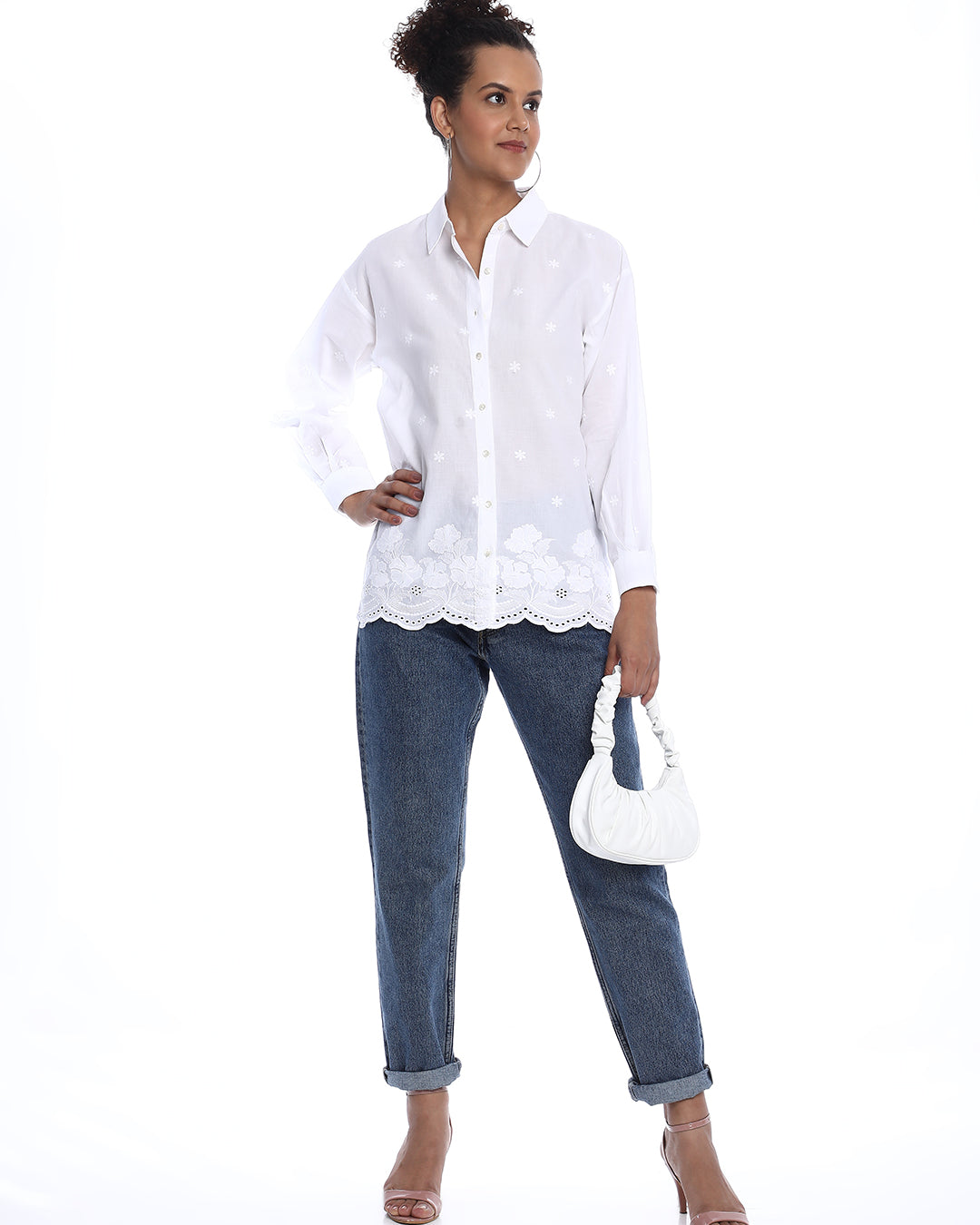 Bree White Schiffli Floral Border Drop Shoulder Shirt for Women - Paris Fit from GAZILLION - Stylised Standing Look