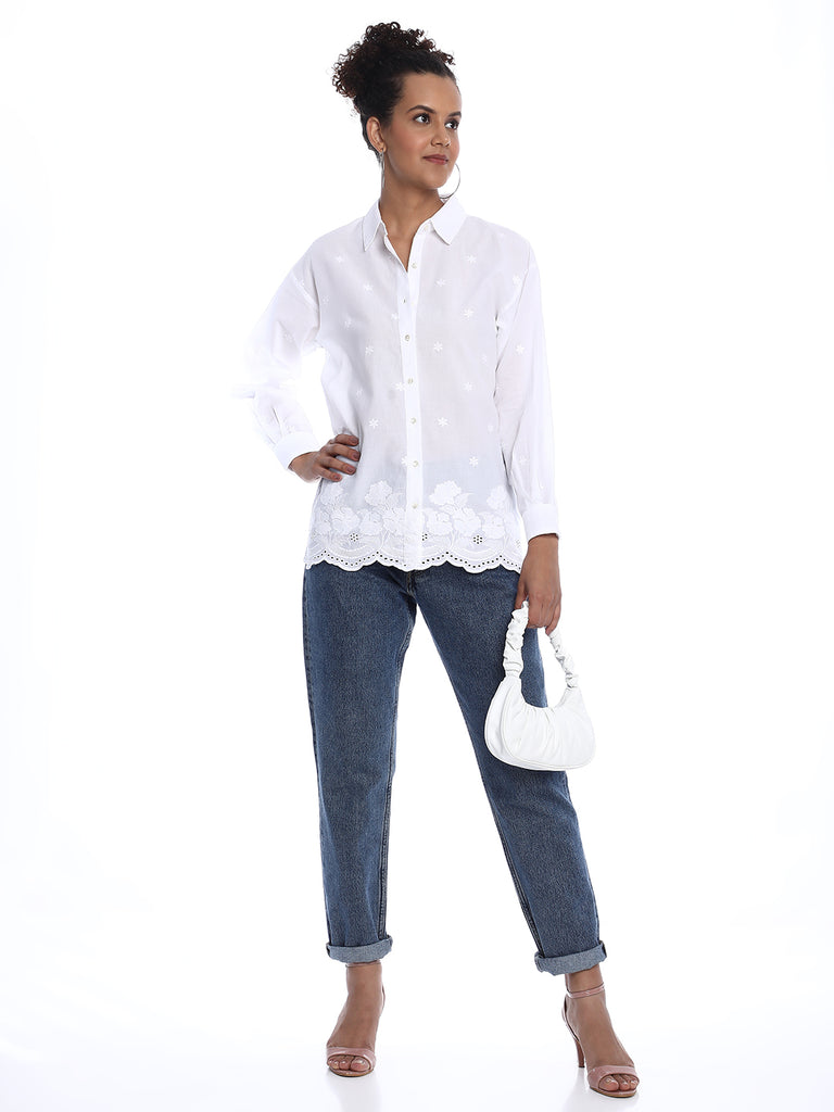 Bree White Schiffli Floral Border Drop Shoulder Shirt for Women - Paris Fit from GAZILLION - Stylised Standing Look