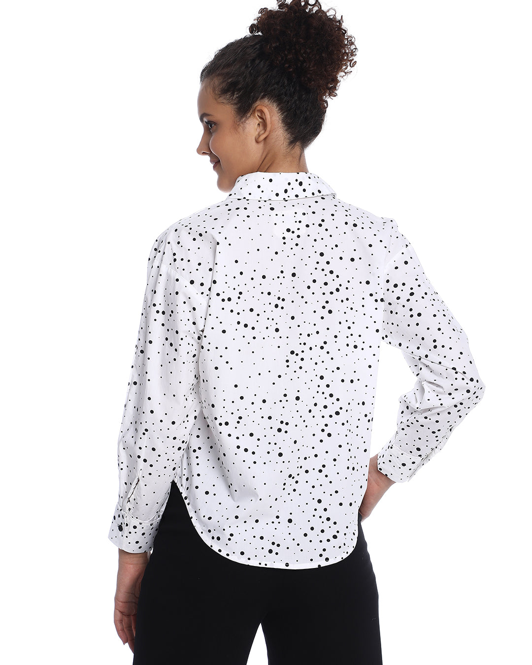Brenda Black & White Polka Dots Print Cotton Drop Shoulder Shirt for Women - Paris Fit from GAZILLION - Back Look