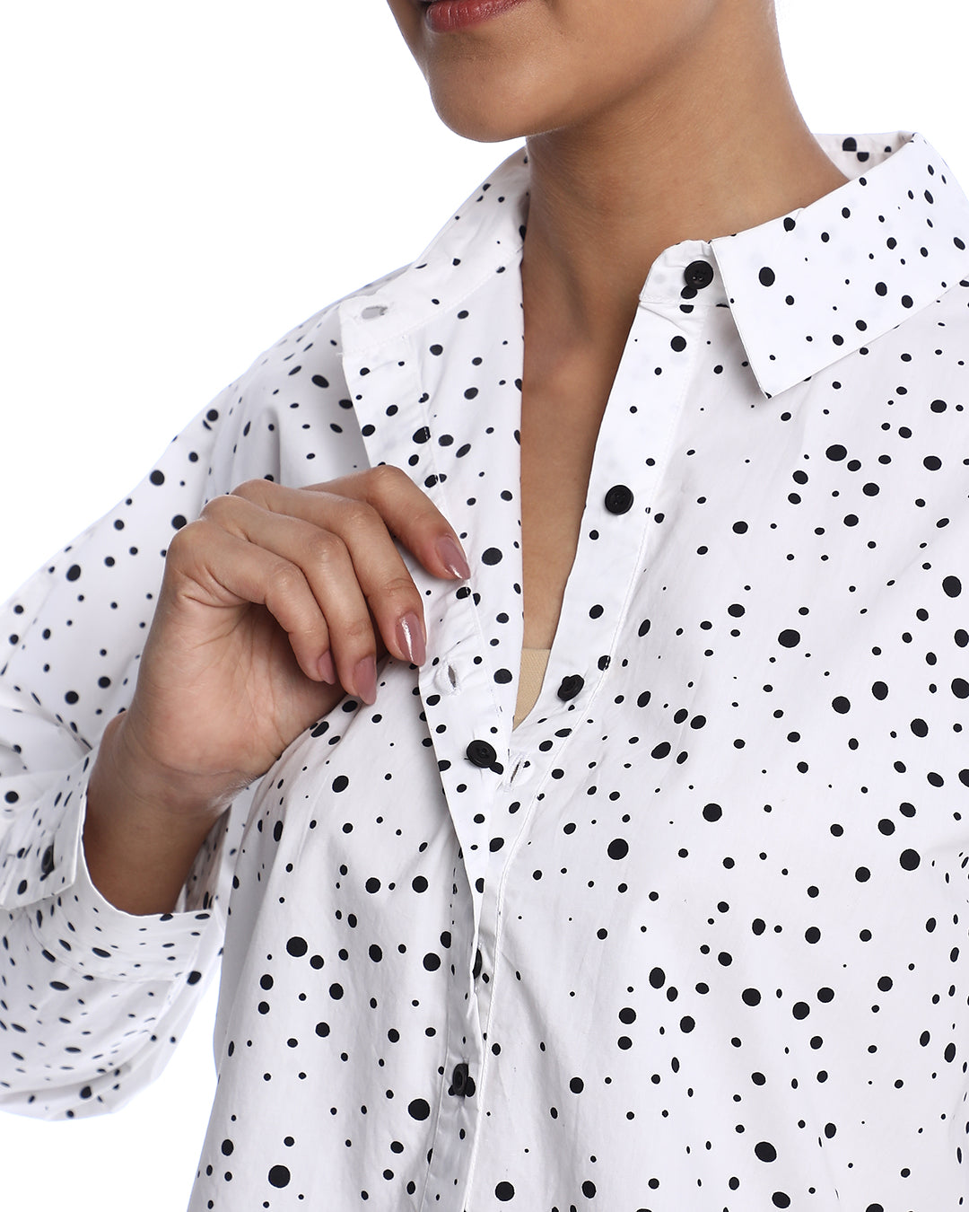 Brenda Black & White Polka Dots Print Cotton Drop Shoulder Shirt for Women - Paris Fit from GAZILLION - Dignity Button Detail