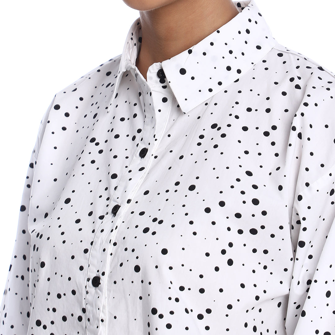 Brenda Black & White Polka Dots Print Cotton Drop Shoulder Shirt for Women - Paris Fit from GAZILLION - Front Detail
