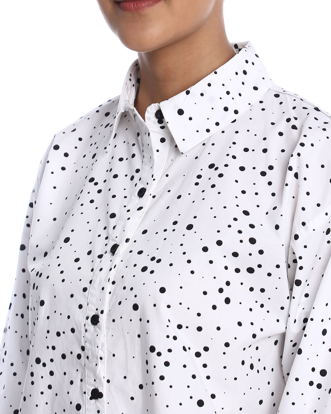 Brenda Black & White Polka Dots Print Cotton Drop Shoulder Shirt for Women - Paris Fit from GAZILLION - Front Detail