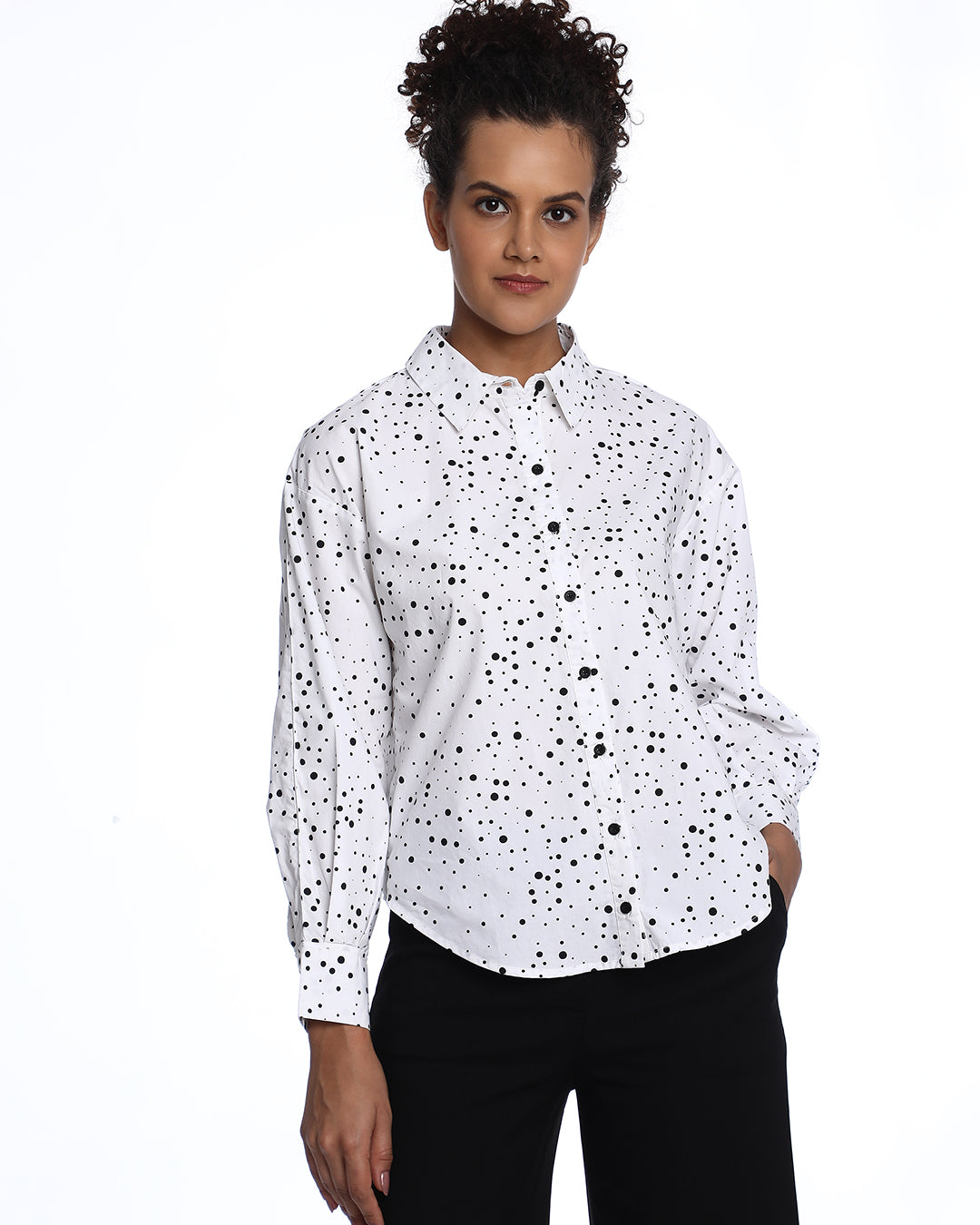 Brenda Black & White Polka Dots Print Cotton Drop Shoulder Shirt for Women - Paris Fit from GAZILLION - Front Look