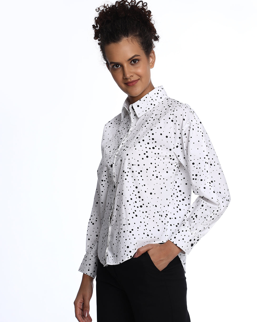 Brenda Black & White Polka Dots Print Cotton Drop Shoulder Shirt for Women - Paris Fit from GAZILLION- Left Side Look
