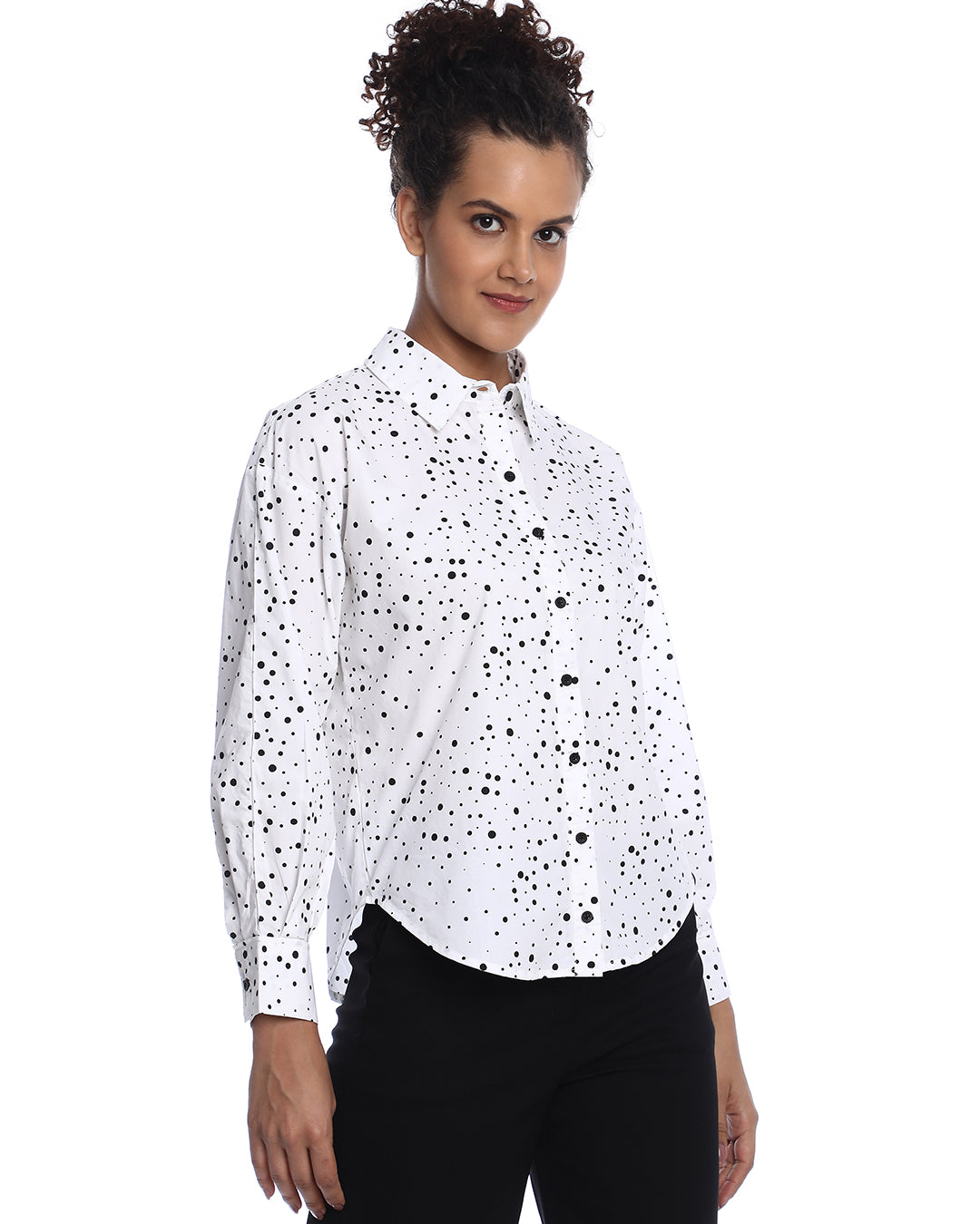 Brenda Black & White Polka Dots Print Cotton Drop Shoulder Shirt for Women - Paris Fit from GAZILLION - Right Side Look