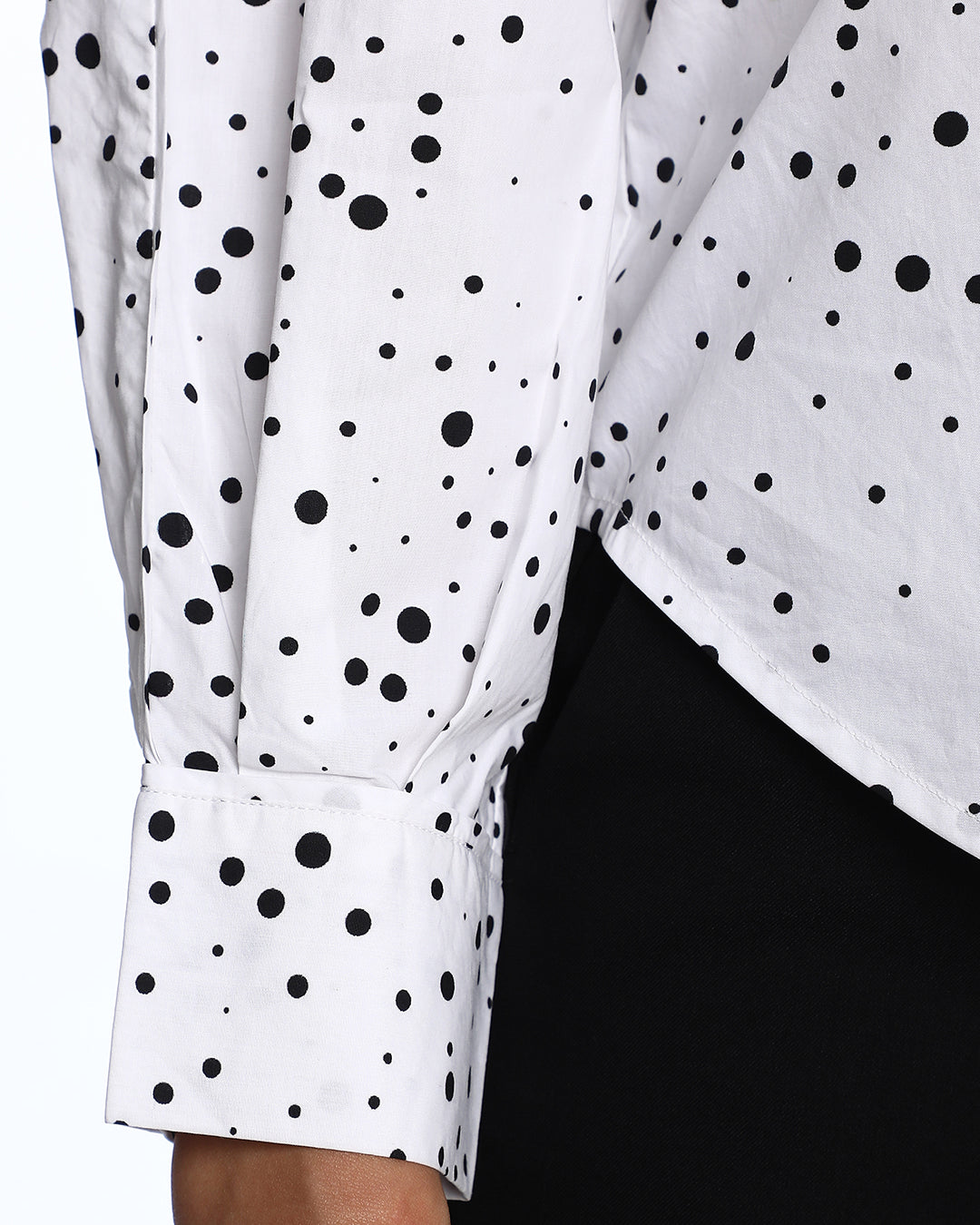 Brenda Black & White Polka Dots Print Cotton Drop Shoulder Shirt for Women - Paris Fit from GAZILLION - Sleeve Detail