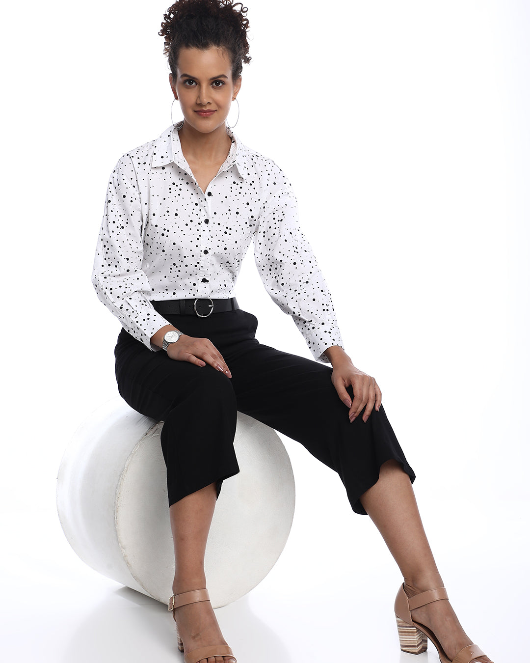 Brenda Black & White Polka Dots Print Cotton Drop Shoulder Shirt for Women - Paris Fit from GAZILLION - Stylised Seated Look