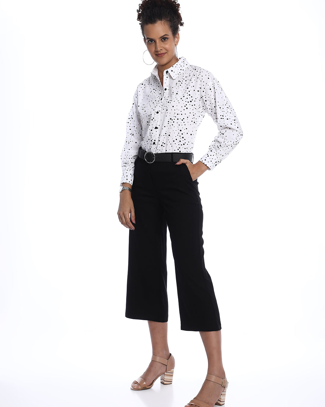 Brenda Black & White Polka Dots Print Cotton Drop Shoulder Shirt for Women - Paris Fit from GAZILLION - Stylised Standing Look