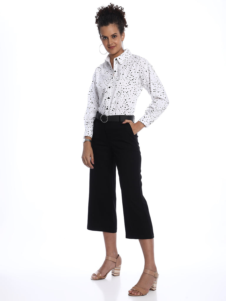 Brenda Black & White Polka Dots Print Cotton Drop Shoulder Shirt for Women - Paris Fit from GAZILLION - Stylised Standing Look