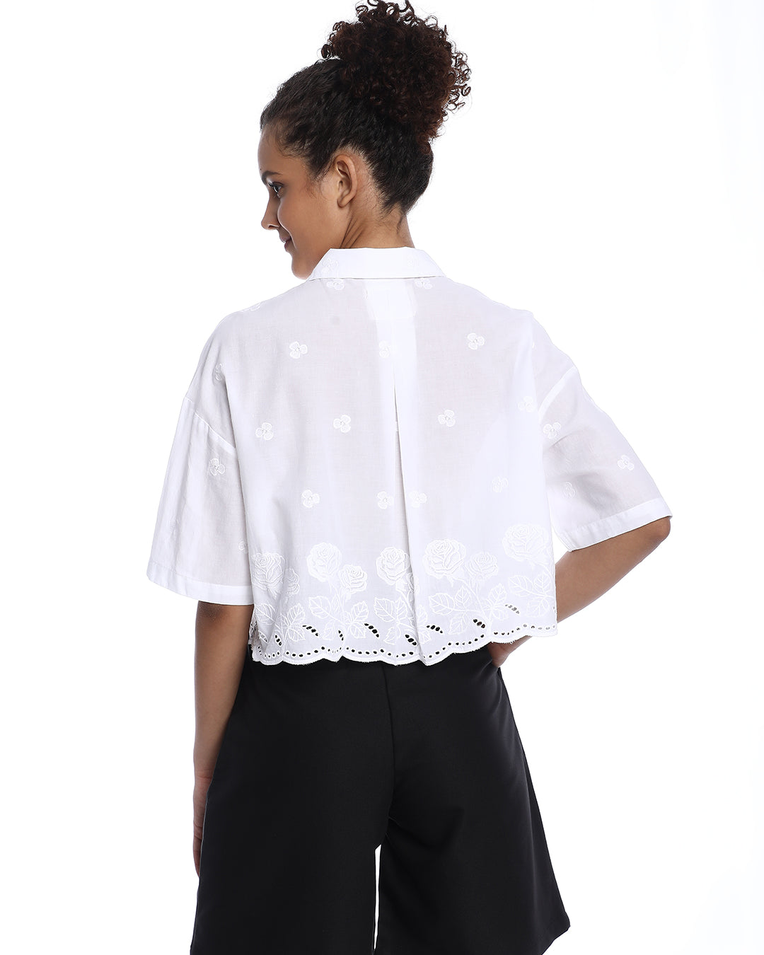 Briana White Shiffli Floral Border Cropped Shirt for Women - Budapest Fit from GAZILLION - Back Look
