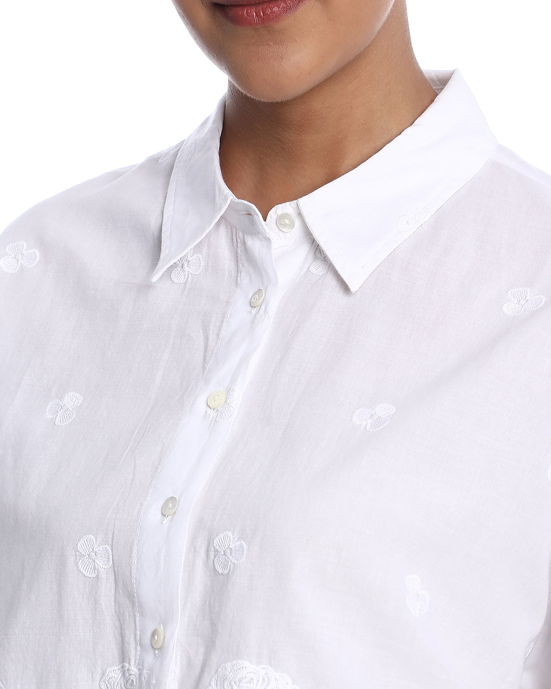 Briana White Shiffli Floral Border Cropped Shirt for Women - Budapest Fit from GAZILLION - Front Detail