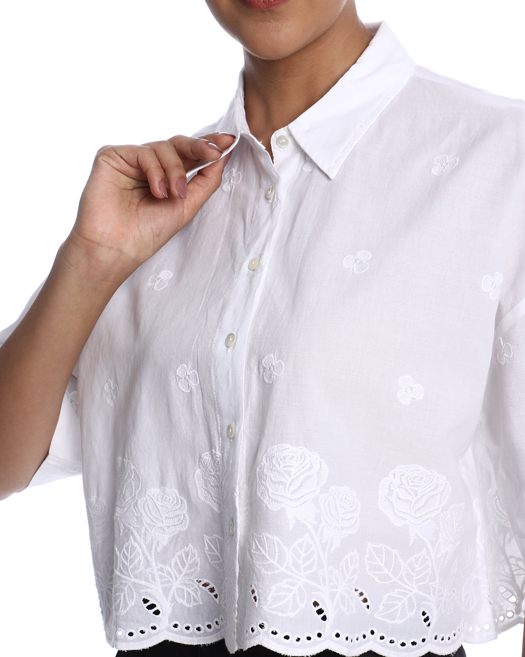 Briana White Shiffli Floral Border Cropped Shirt for Women - Budapest Fit from GAZILLION - Front Detail Button