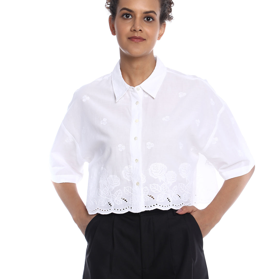 Briana White Shiffli Floral Border Cropped Shirt for Women - Budapest Fit from GAZILLION - Front Look