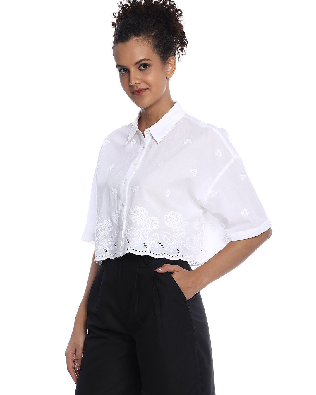 Briana White Shiffli Floral Border Cropped Shirt for Women - Budapest Fit from GAZILLION - Left Side Look