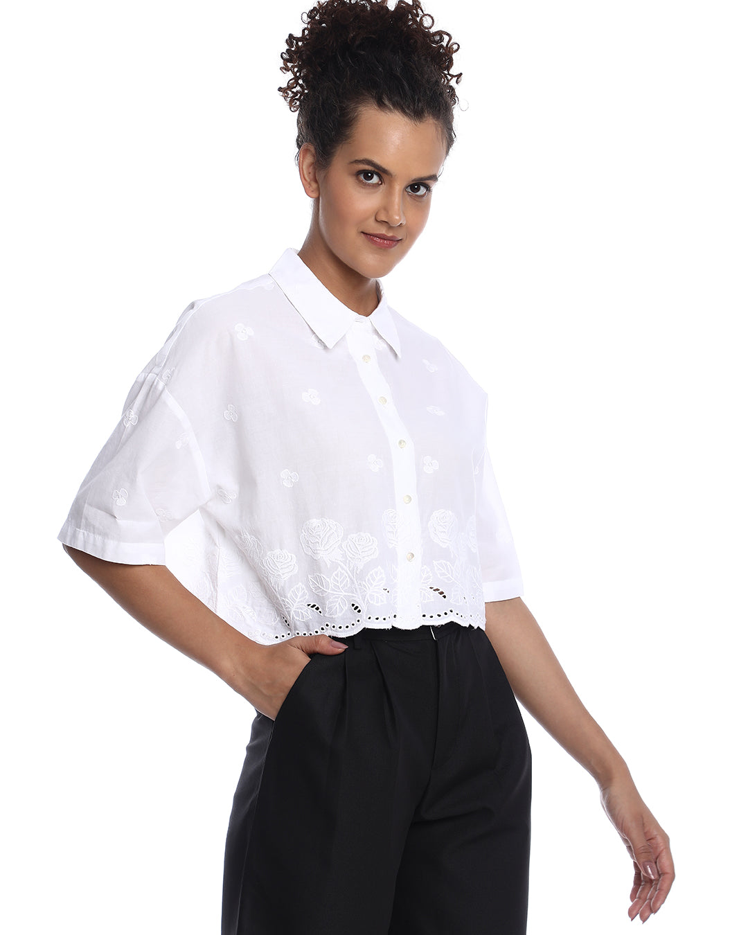 Briana White Shiffli Floral Border Cropped Shirt for Women - Budapest Fit from GAZILLION - Right Side Look