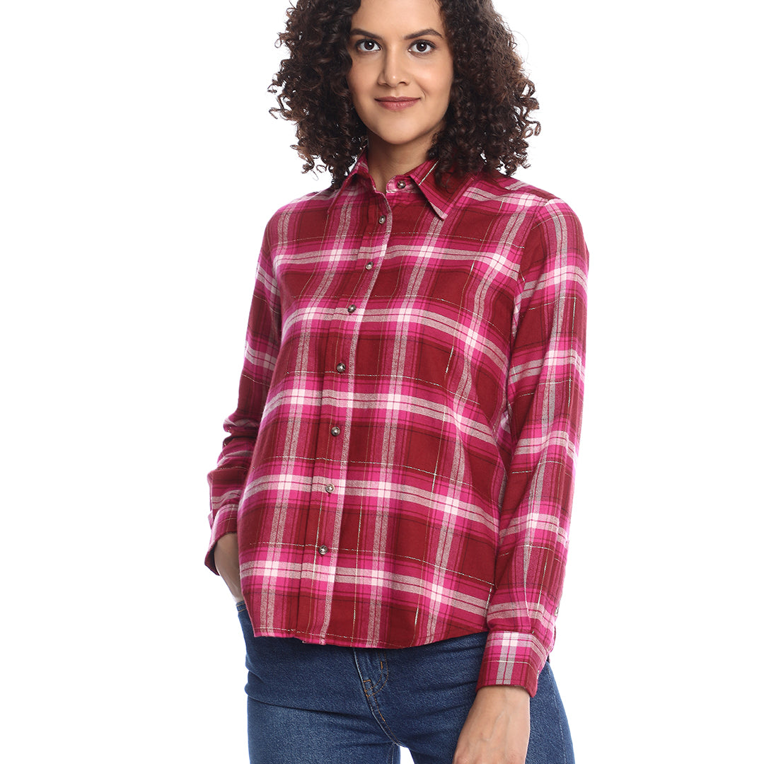 Britney Red & Pink Checks Soft Cotton Viscose Shirt for Women - Zurich Fit from GAZILLION - Front Look