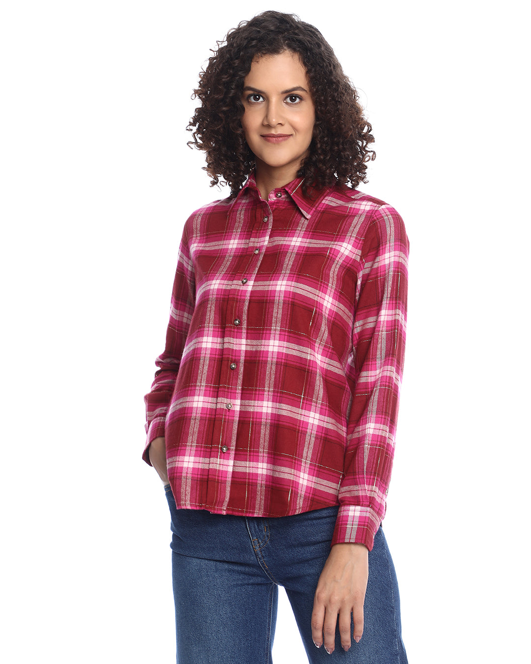 Britney Red & Pink Checks Soft Cotton Viscose Shirt for Women - Zurich Fit from GAZILLION - Front Look