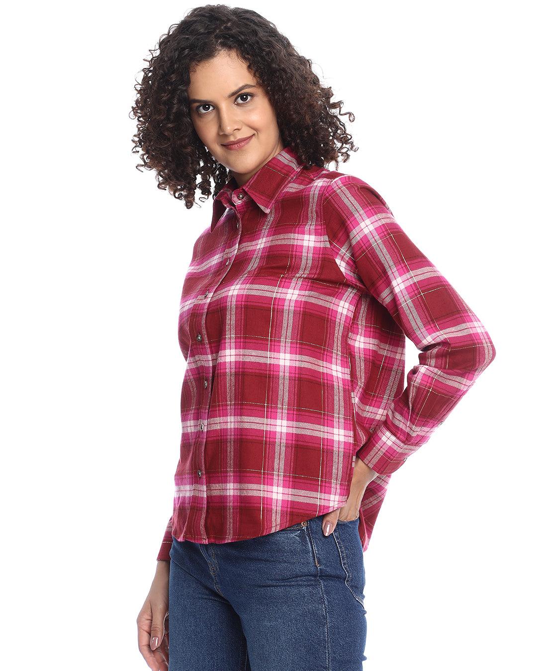 Britney Red & Pink Checks Soft Cotton Viscose Shirt for Women - Zurich Fit from GAZILLION - Left Side Look