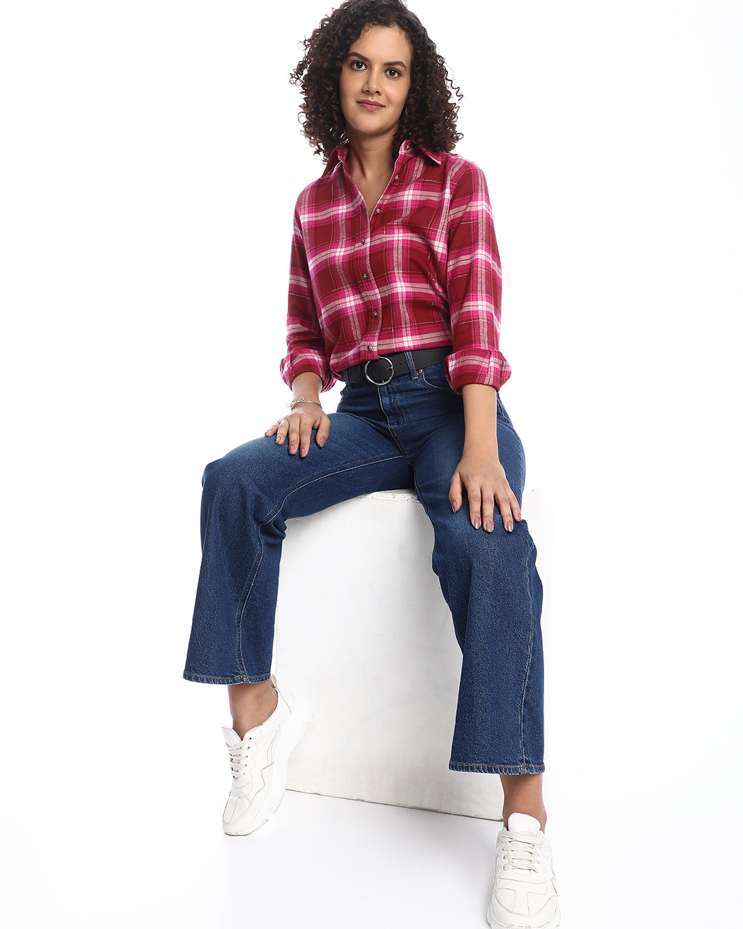 Britney Red & Pink Checks Soft Cotton Viscose Shirt for Women - Zurich Fit from GAZILLION - Stylised Seated Look