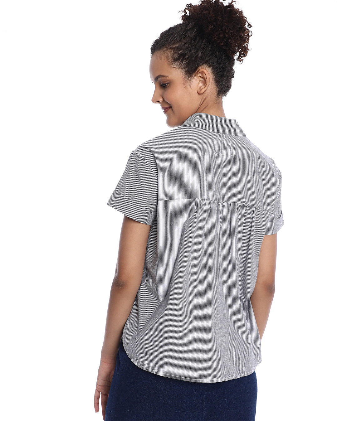 Bronze Black & White Striped Cotton Loose Shirt for Women - Madrid Fit from GAZILLION  - Back Look