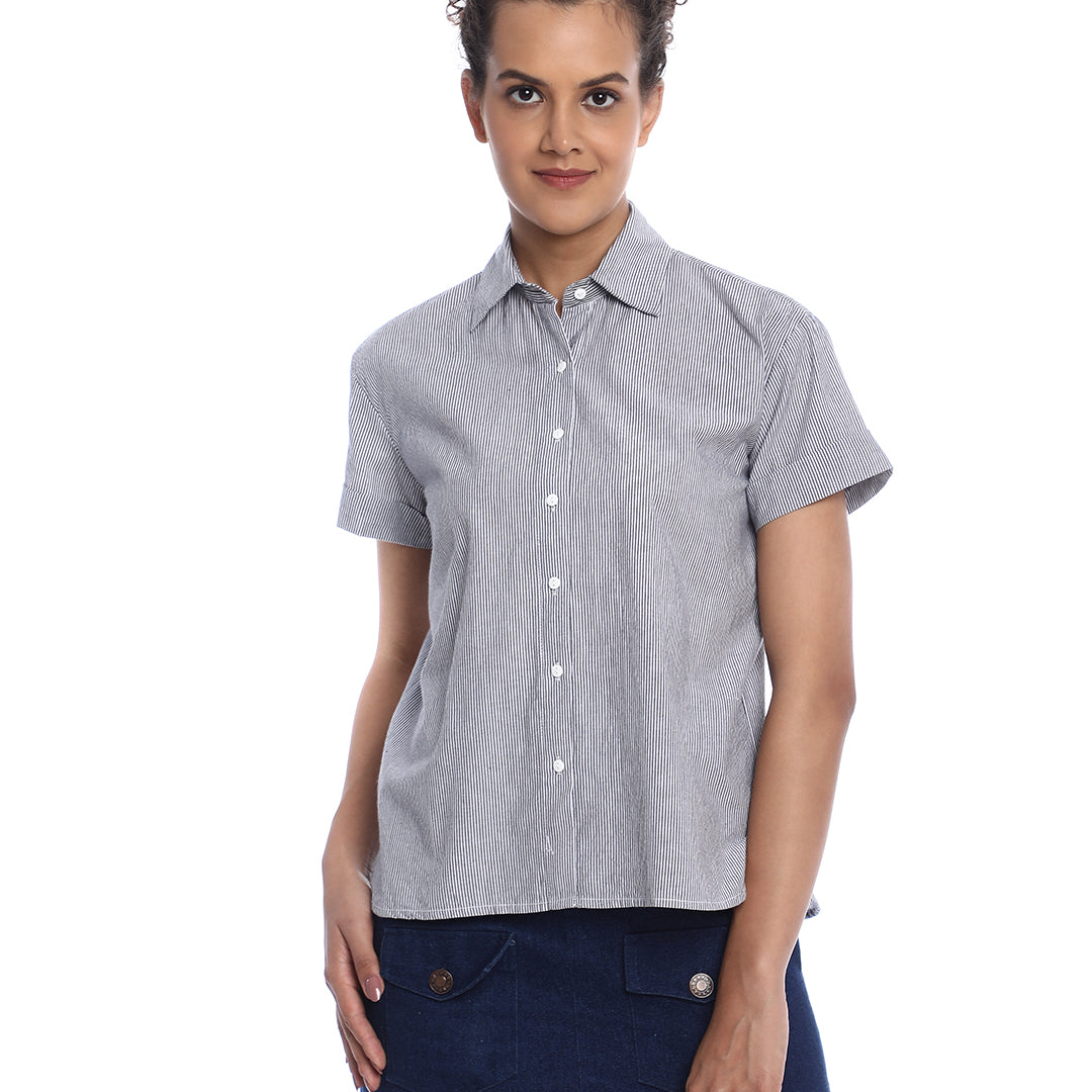 Bronze Black & White Striped Cotton Loose Shirt for Women - Madrid Fit from GAZILLION - Front Look