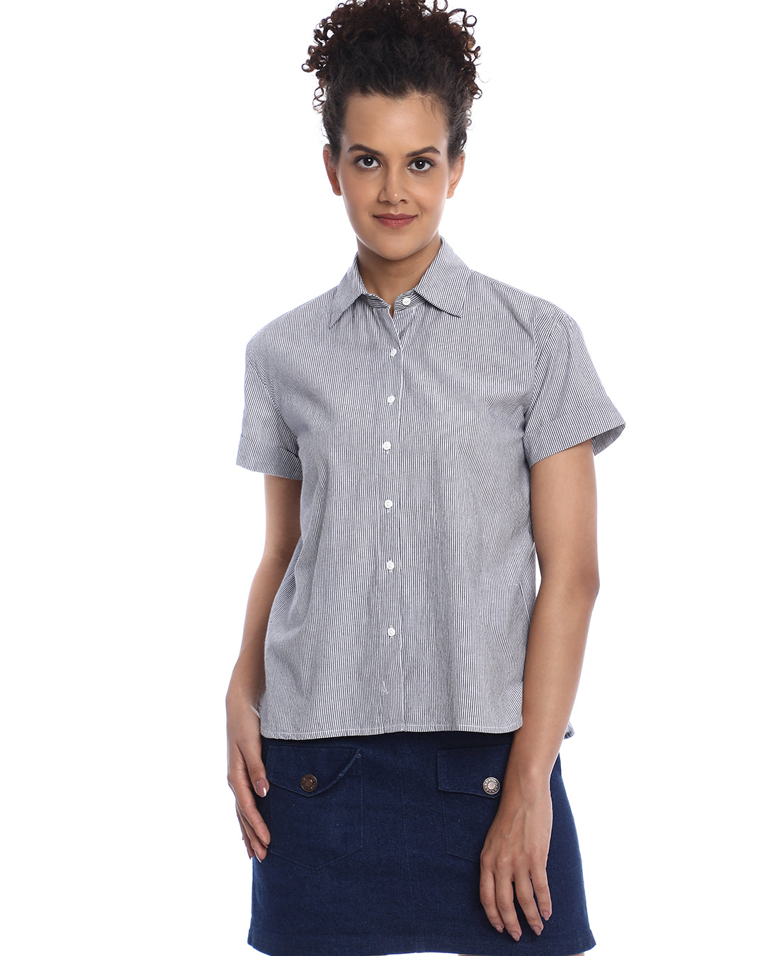 Bronze Black & White Striped Cotton Loose Shirt for Women - Madrid Fit from GAZILLION - Front Look