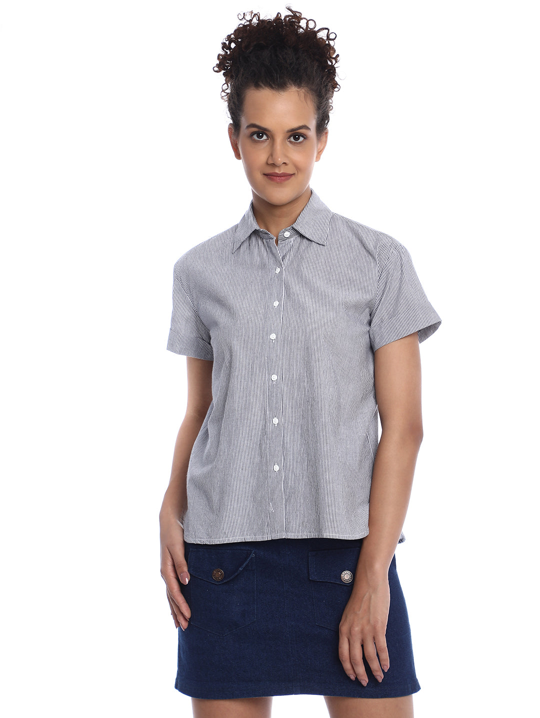 Bronze Black & White Striped Cotton Loose Shirt for Women - Madrid Fit from GAZILLION - Front Look