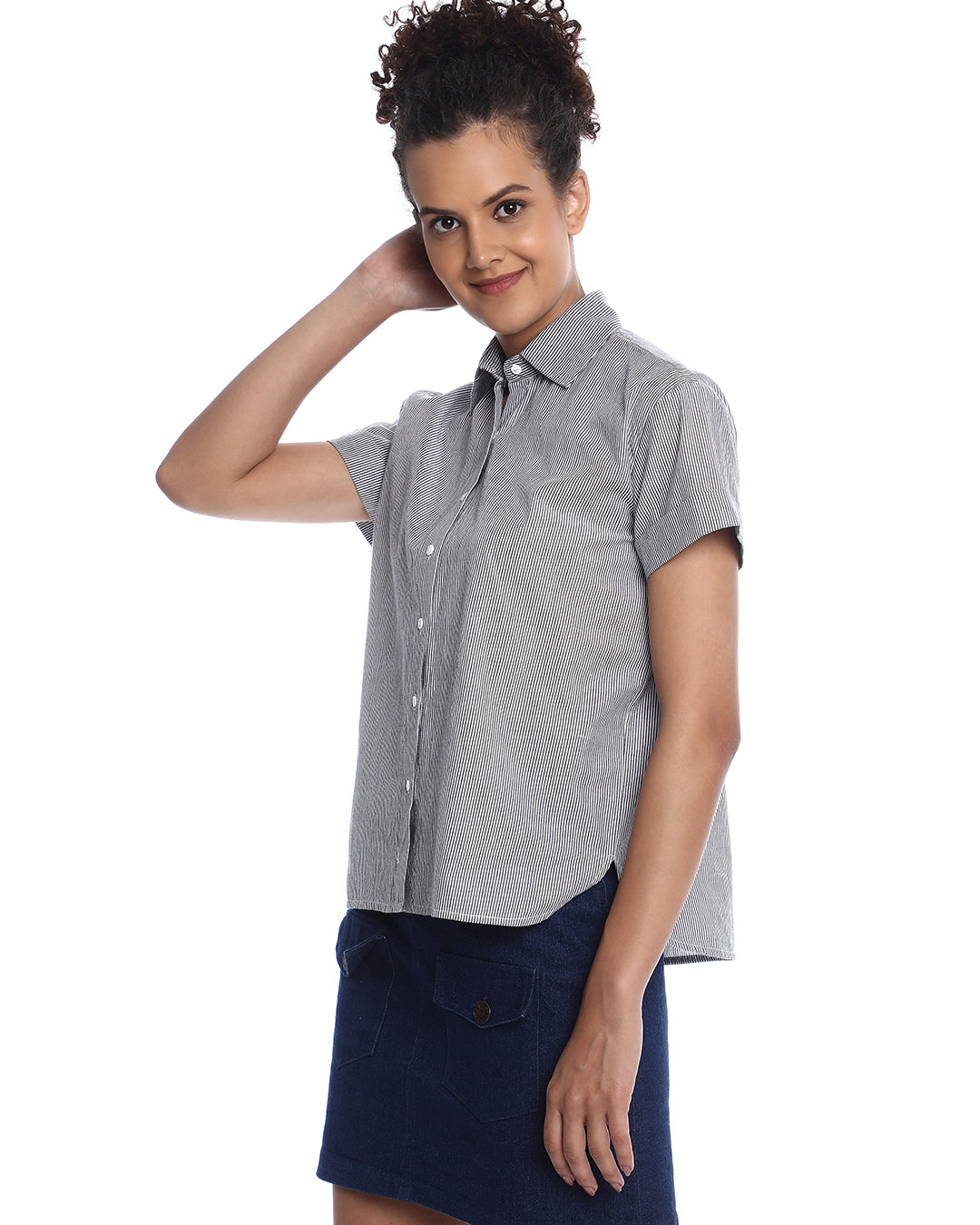 Bronze Black & White Striped Cotton Loose Shirt for Women - Madrid Fit from GAZILLION - Left Side Look