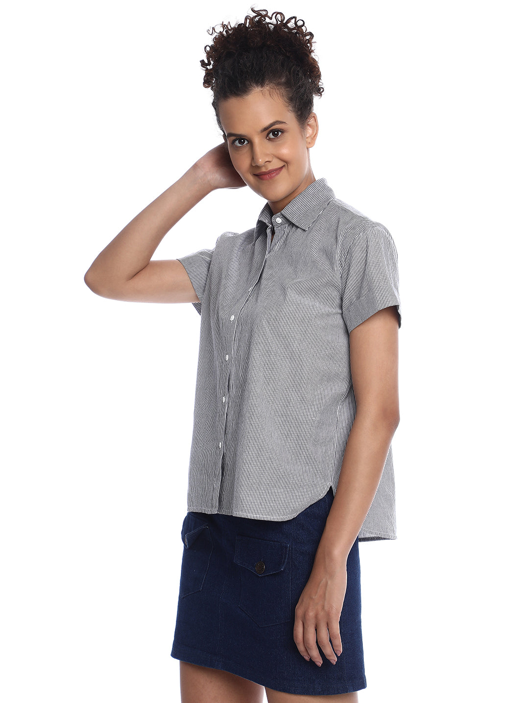 Bronze Black & White Striped Cotton Loose Shirt for Women - Madrid Fit from GAZILLION - Left Side Look