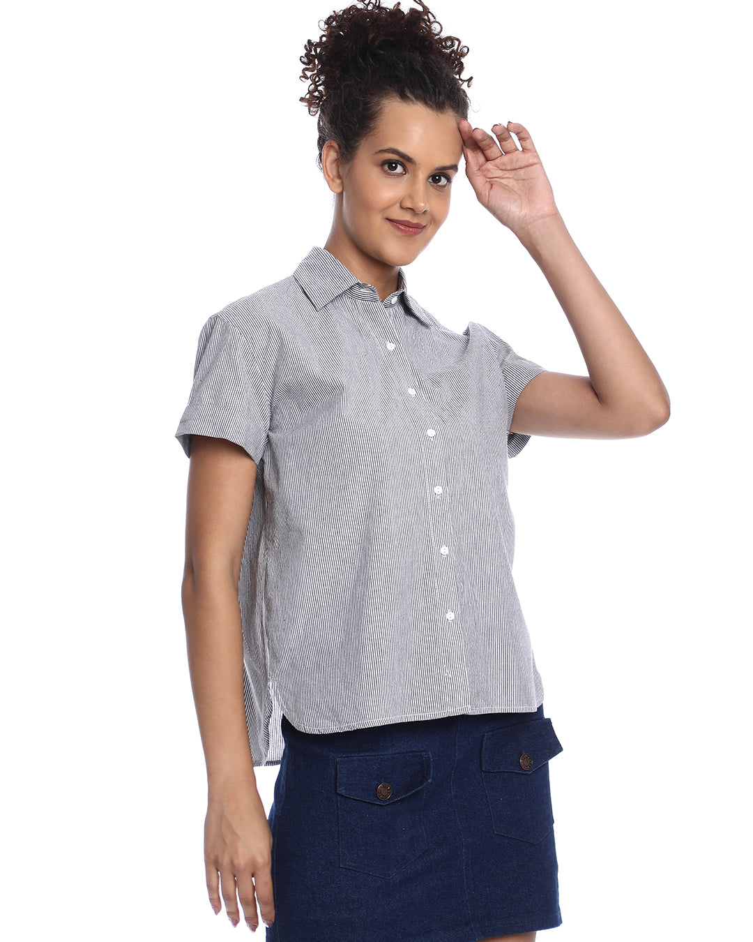 Bronze Black & White Striped Cotton Loose Shirt for Women - Madrid Fit from GAZILLION - Roght Side Look