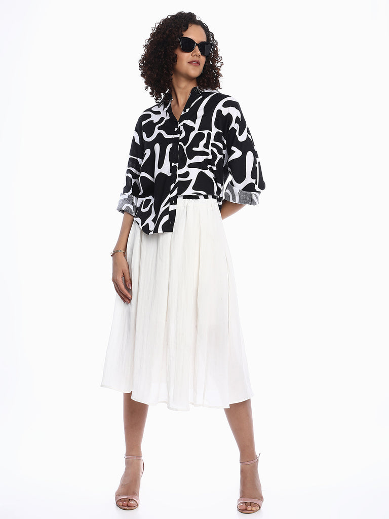 Brooke Black & White Abstract Print Viscose Linen Drop Shoulder Shirt for Women - Paris Fit from GAZILLION - Stylised Standing Look