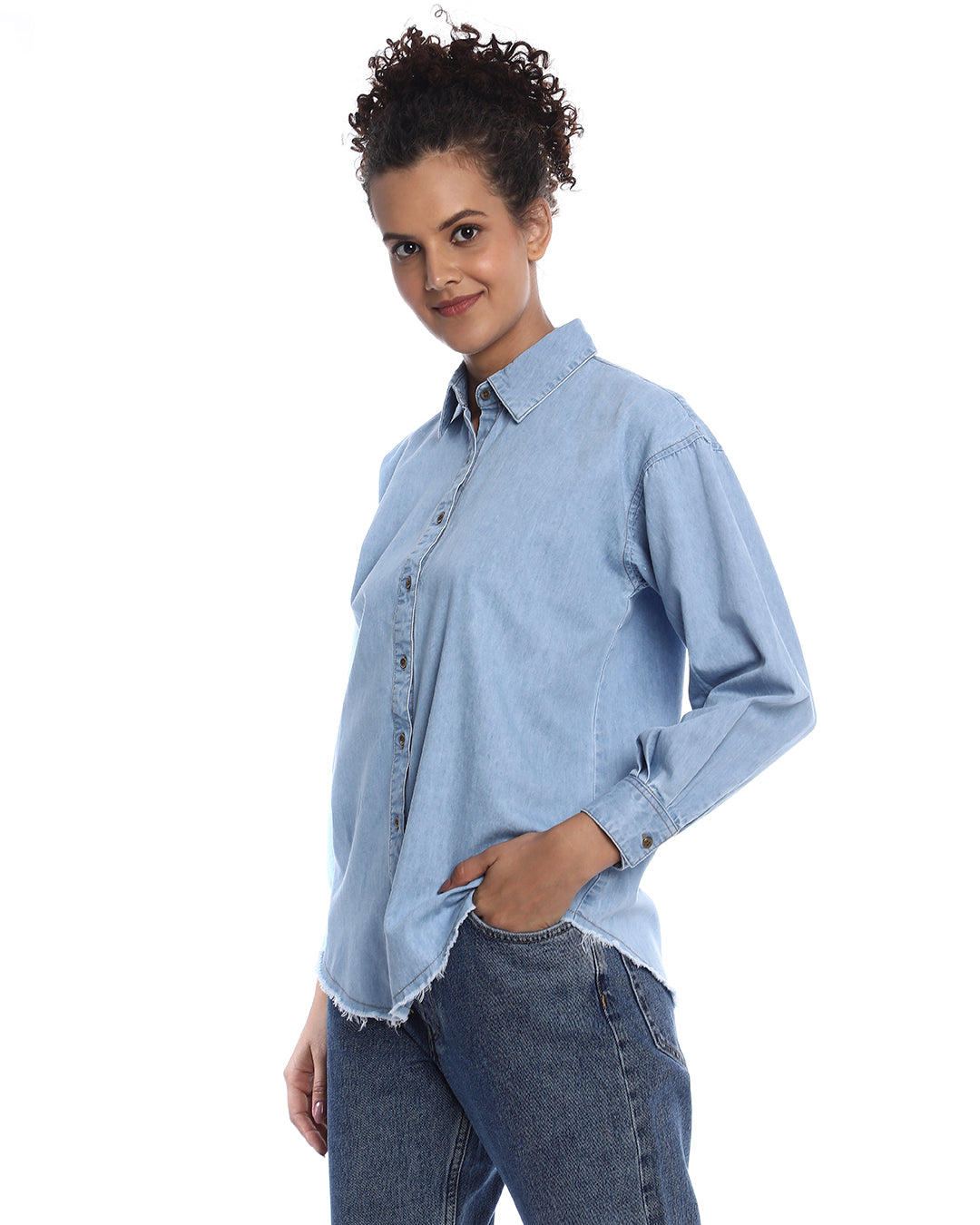 Brynn Light Blue Denim Shirt for Women - Zurich Fit from GAZILLION - Left Side Look