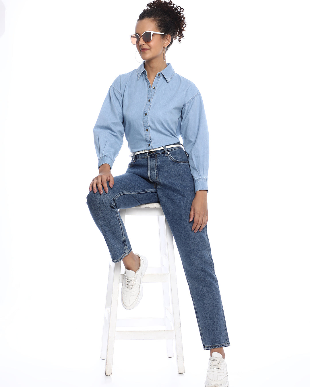 Brynn Light Blue Denim Shirt for Women - Zurich Fit from GAZILLION - Stylised Seated Look