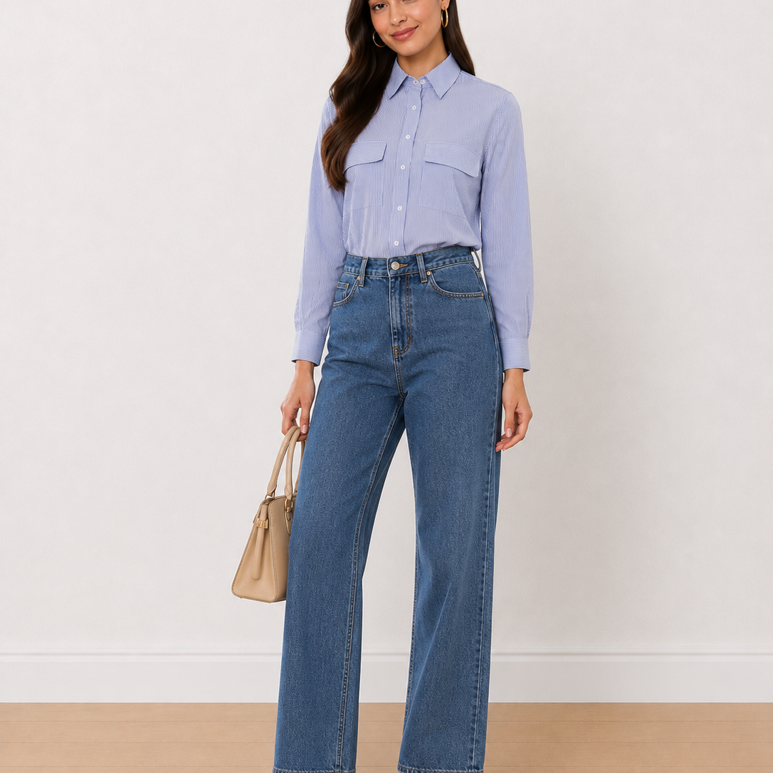 Alvina Blue & White Striped Cotton Uitlity Shirt