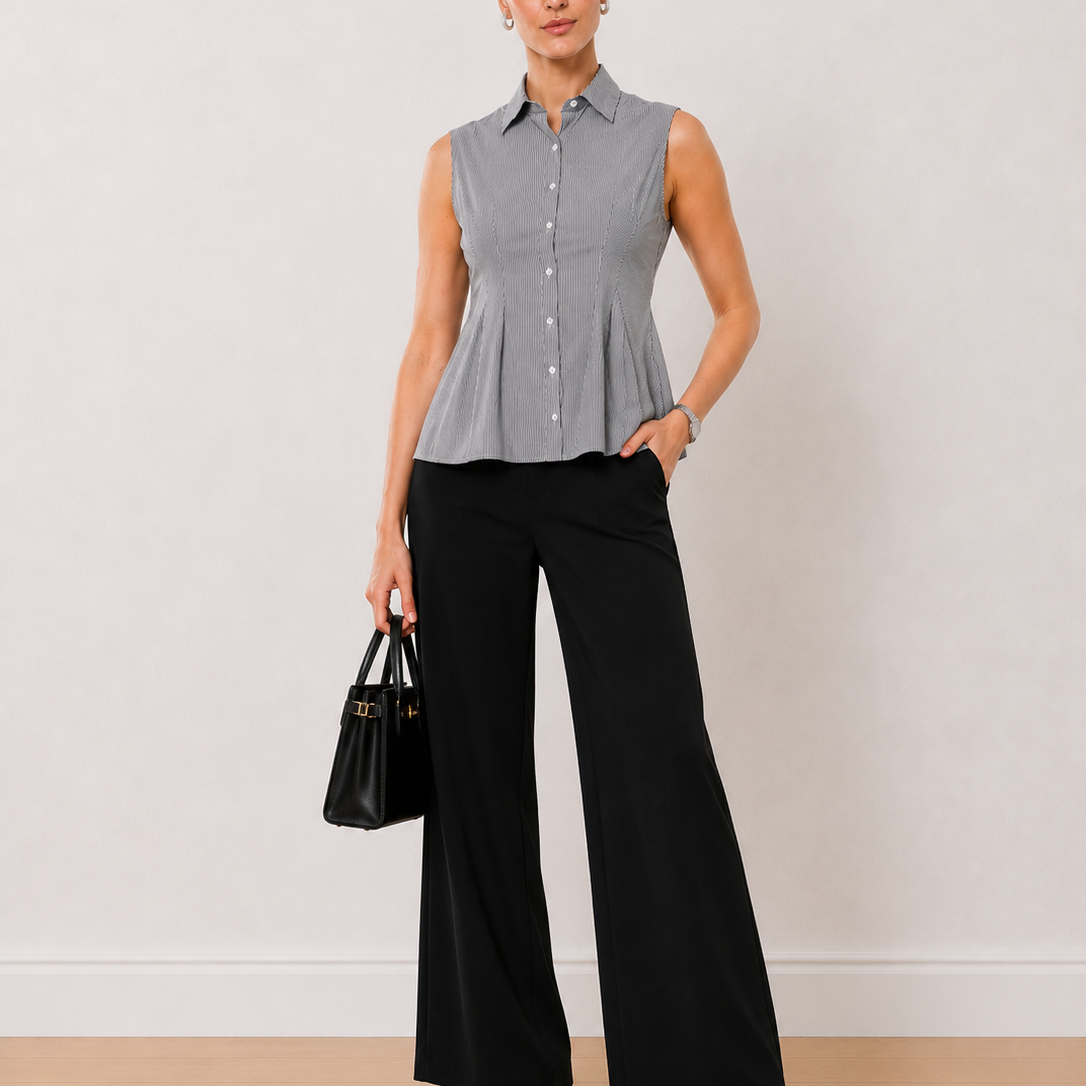 Amora Black & White Striped Sleeveless Cotton Formal Shirt