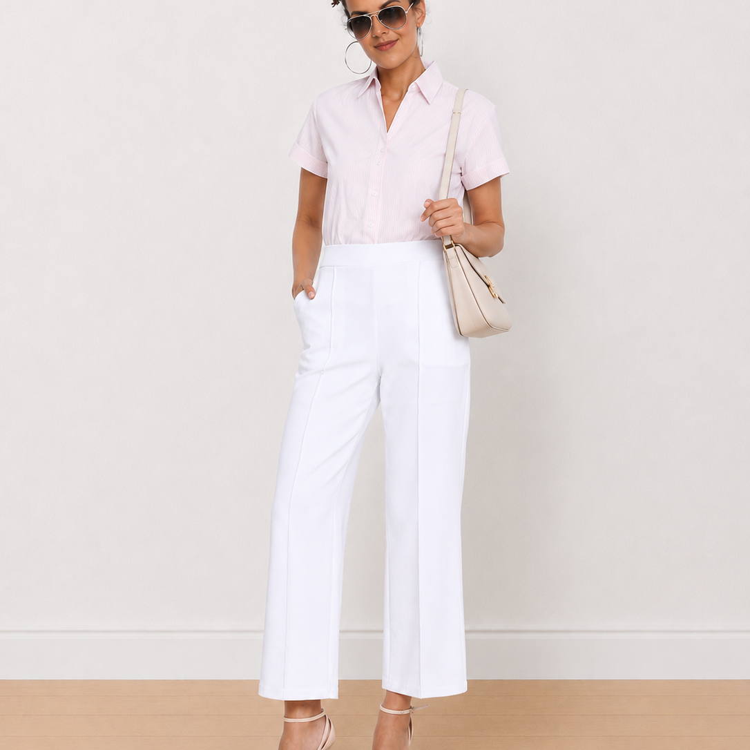 Becky pink and white striped formal half sleeves shirt - front view