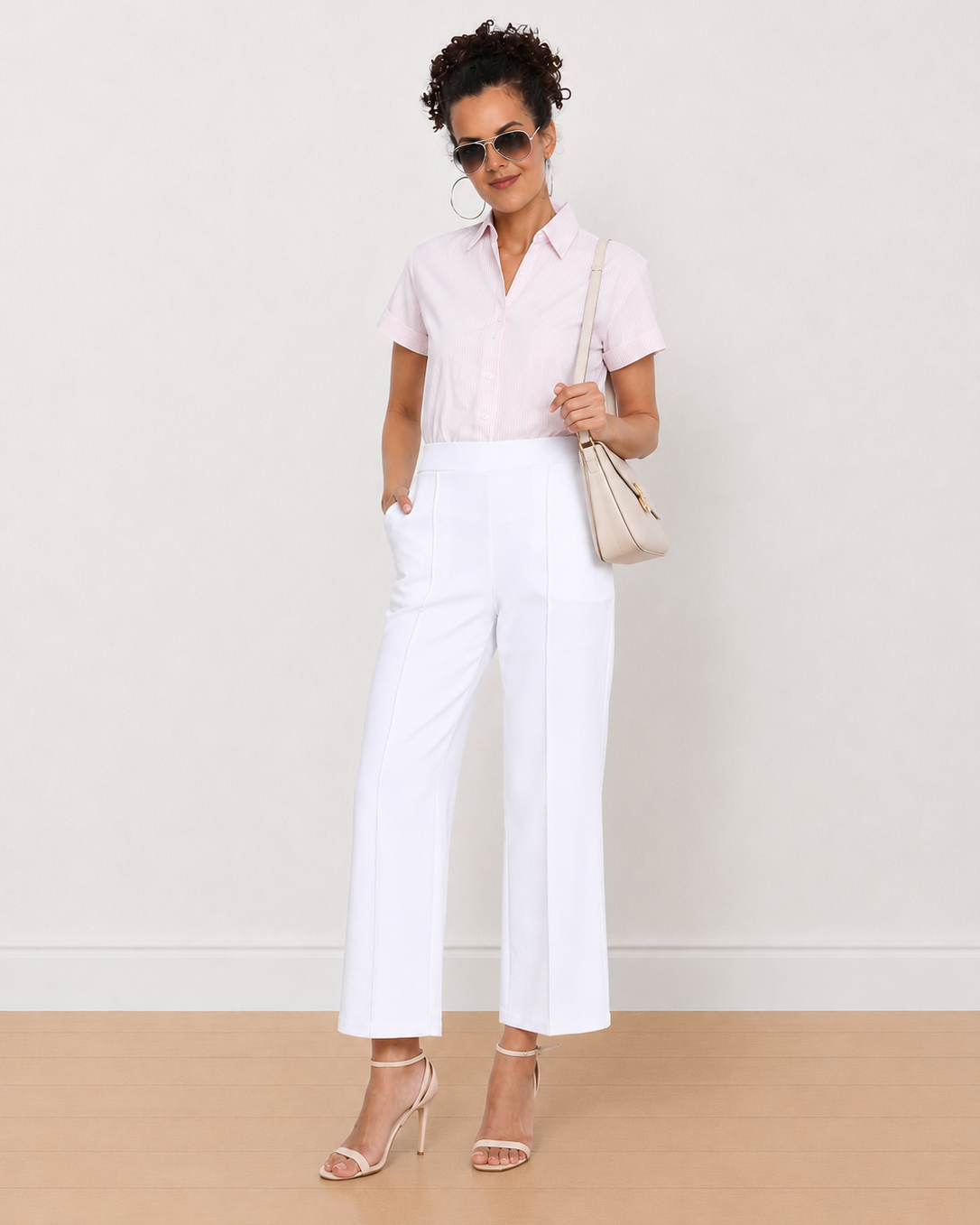 Becky pink and white striped formal half sleeves shirt - front view