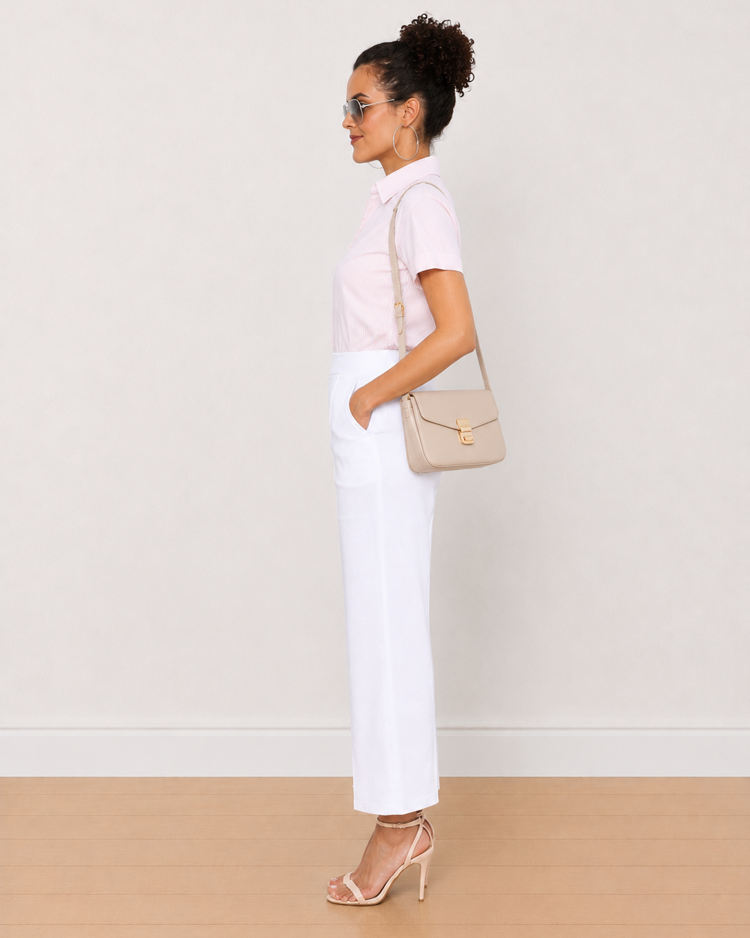 Becky pink and white striped formal half sleeves shirt - side view