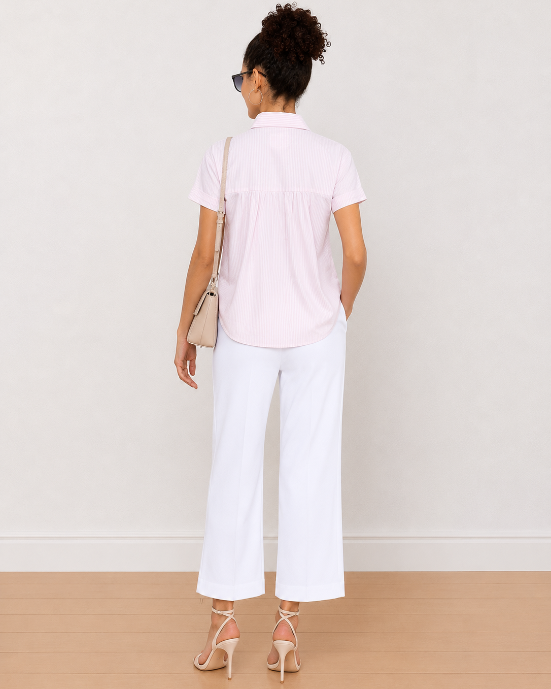 Becky pink and white striped formal half sleeves shirt - back view