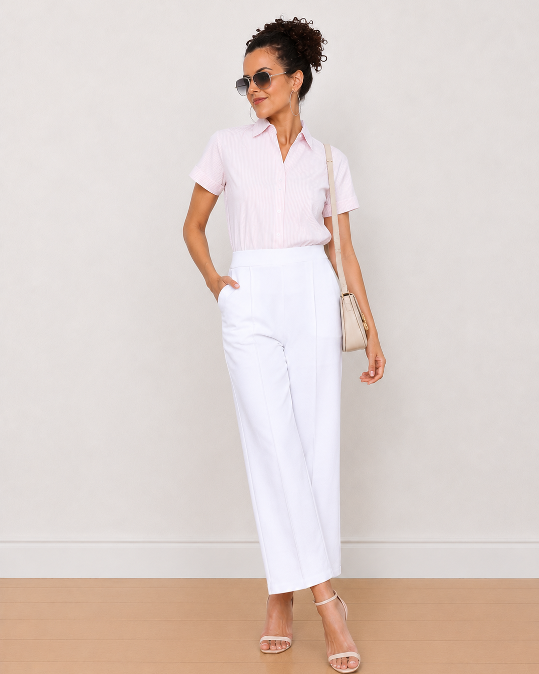Becky pink and white striped formal half sleeves shirt - front view, styled