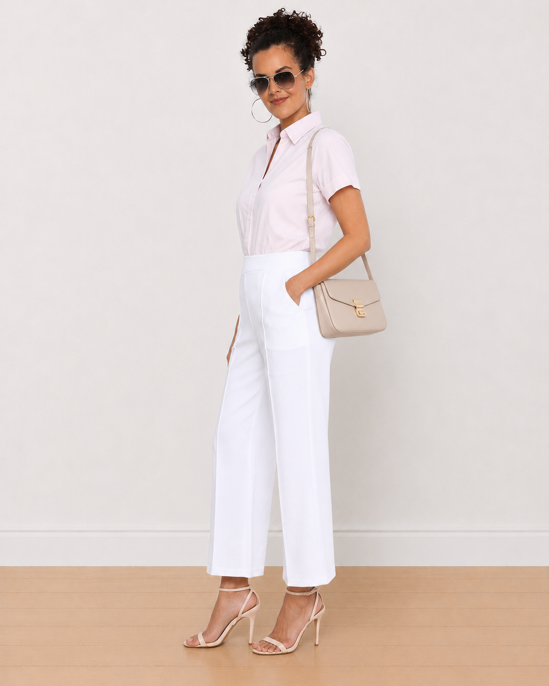Becky pink and white striped formal half sleeves shirt - three quarter front view
