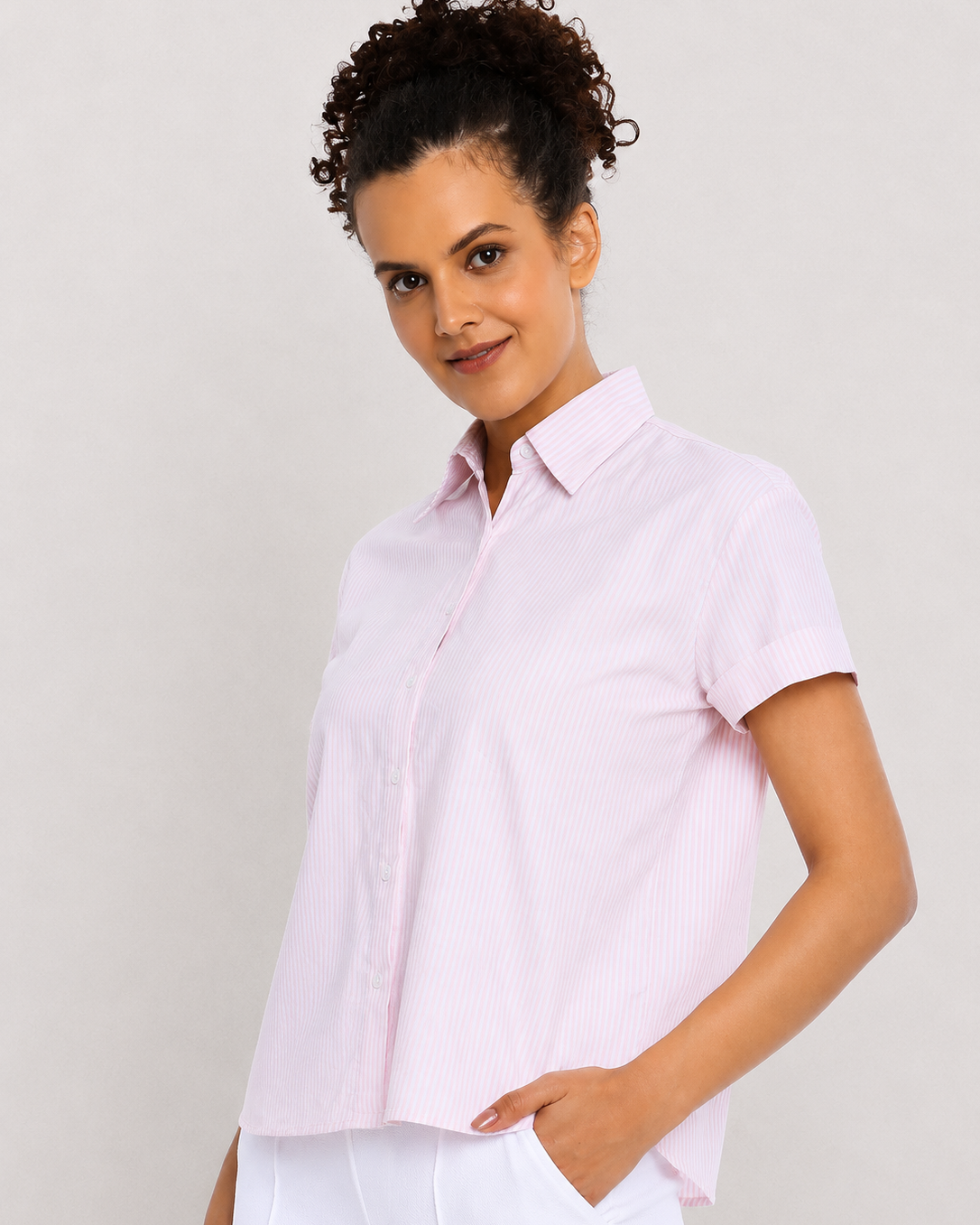 Becky pink and white striped formal half sleeves shirt - neckline and fit detail