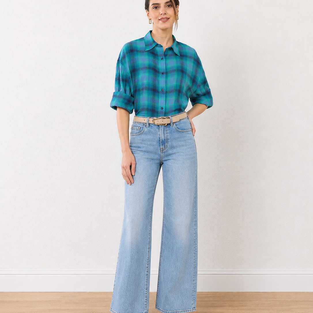 Ella Blue Checks Cotton Oversized Shirt