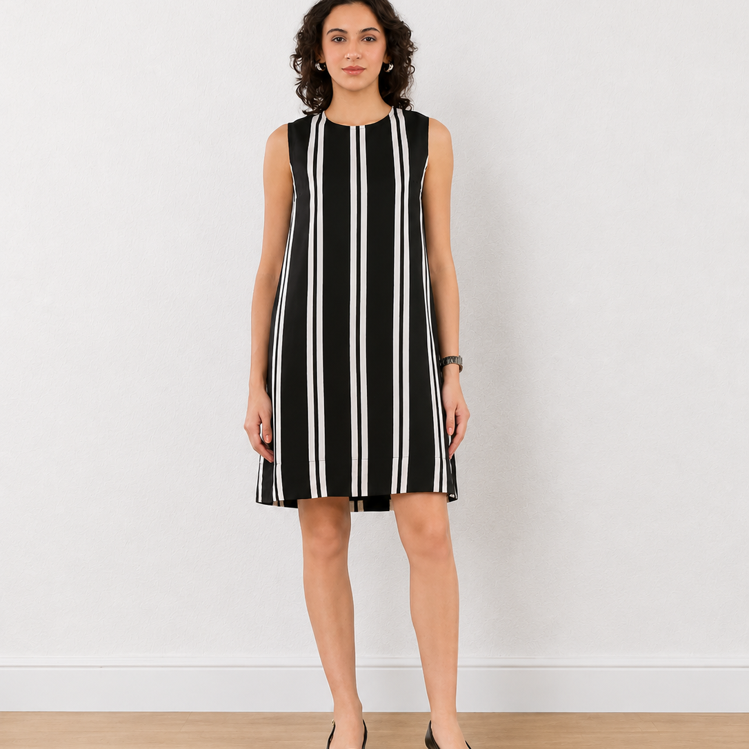 Elenora Black & White Stripes Formal Shift Dress