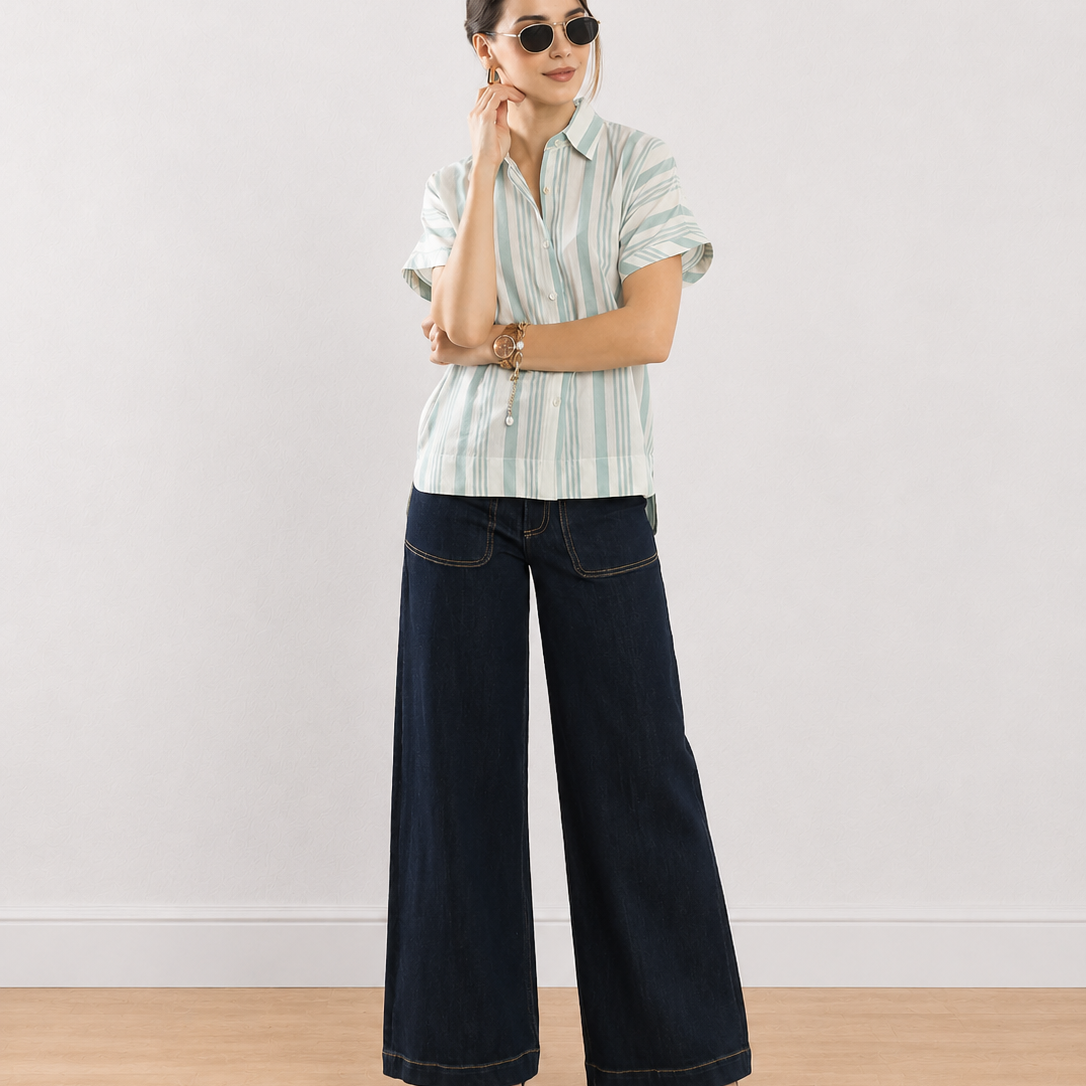 Elle Green Stripes Cotton Office Shirt