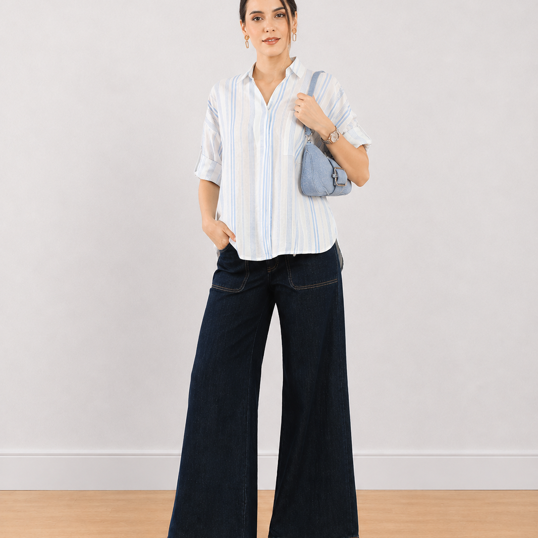 Erin Blue & White Stripes Cotton Pullover Shirt