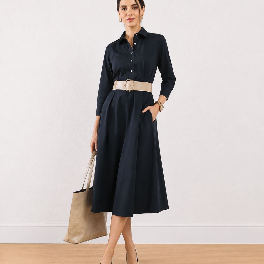 Elinda Black Cotton Formal Midi Dress