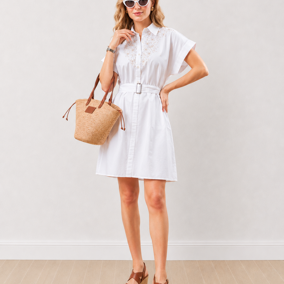 Daisy Embroidered Belted Cotton Shirt Dress