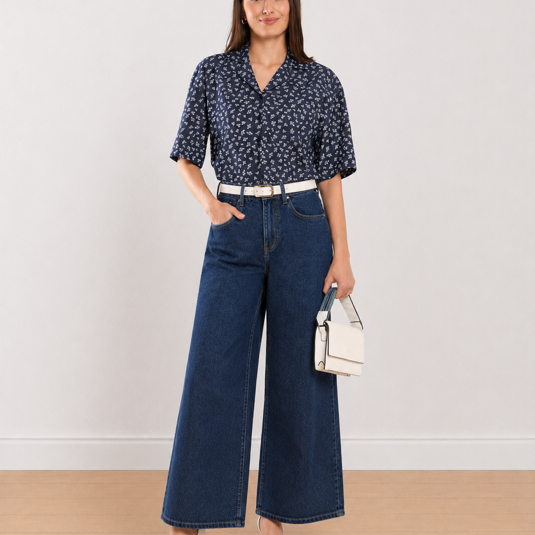 Cece Indigo Printed Short Sleeves Cropped Cotton Shirt